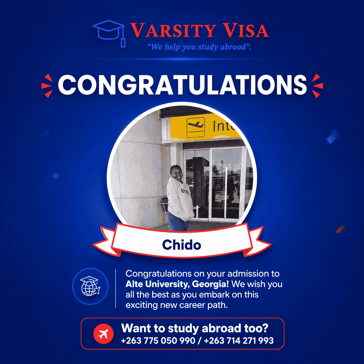 Chido admitted to Alte University Georgia through Varsity Visa