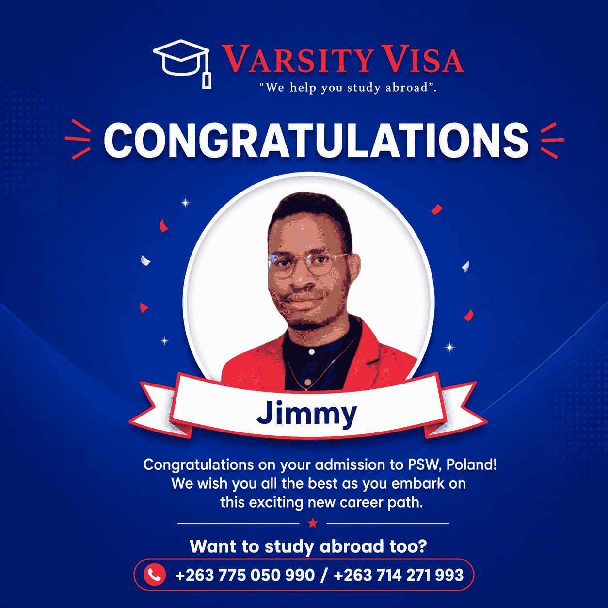 Jimmy admitted to PSW Poland through Varsity Visa
