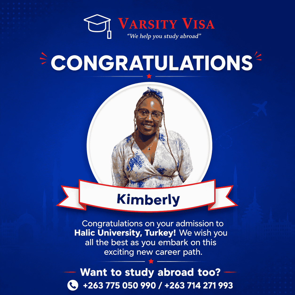 Kimberly admitted to Halic University Turkey through Varsity Visa