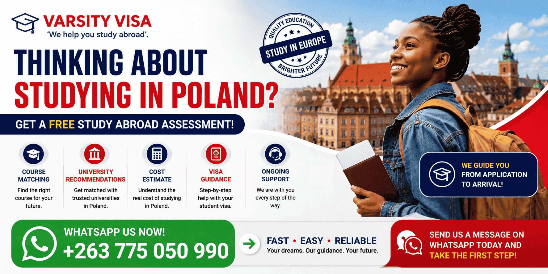 Get a free study abroad assessment for Poland from Varsity Visa on WhatsApp