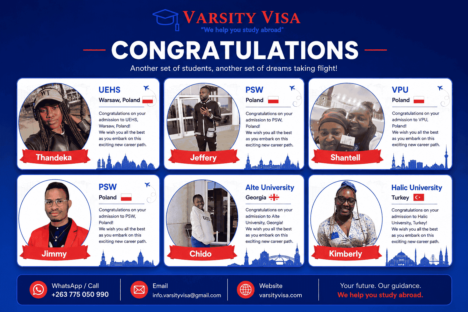 Varsity Visa student success stories collage showing admissions to Poland, Georgia and Turkey