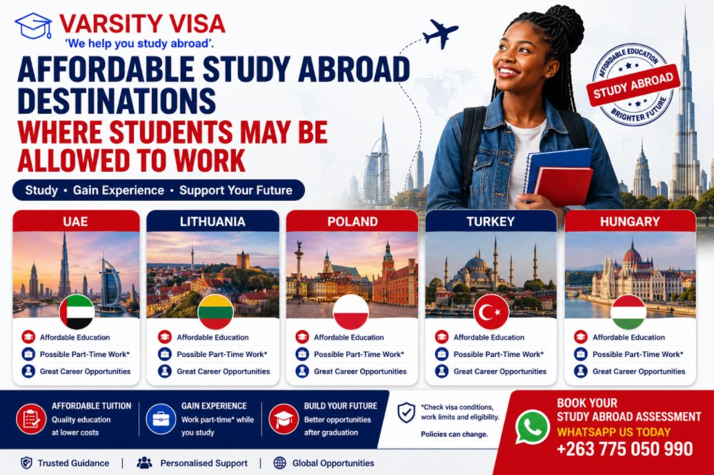 Affordable study abroad destinations where Zimbabwean students may be allowed to work while studying